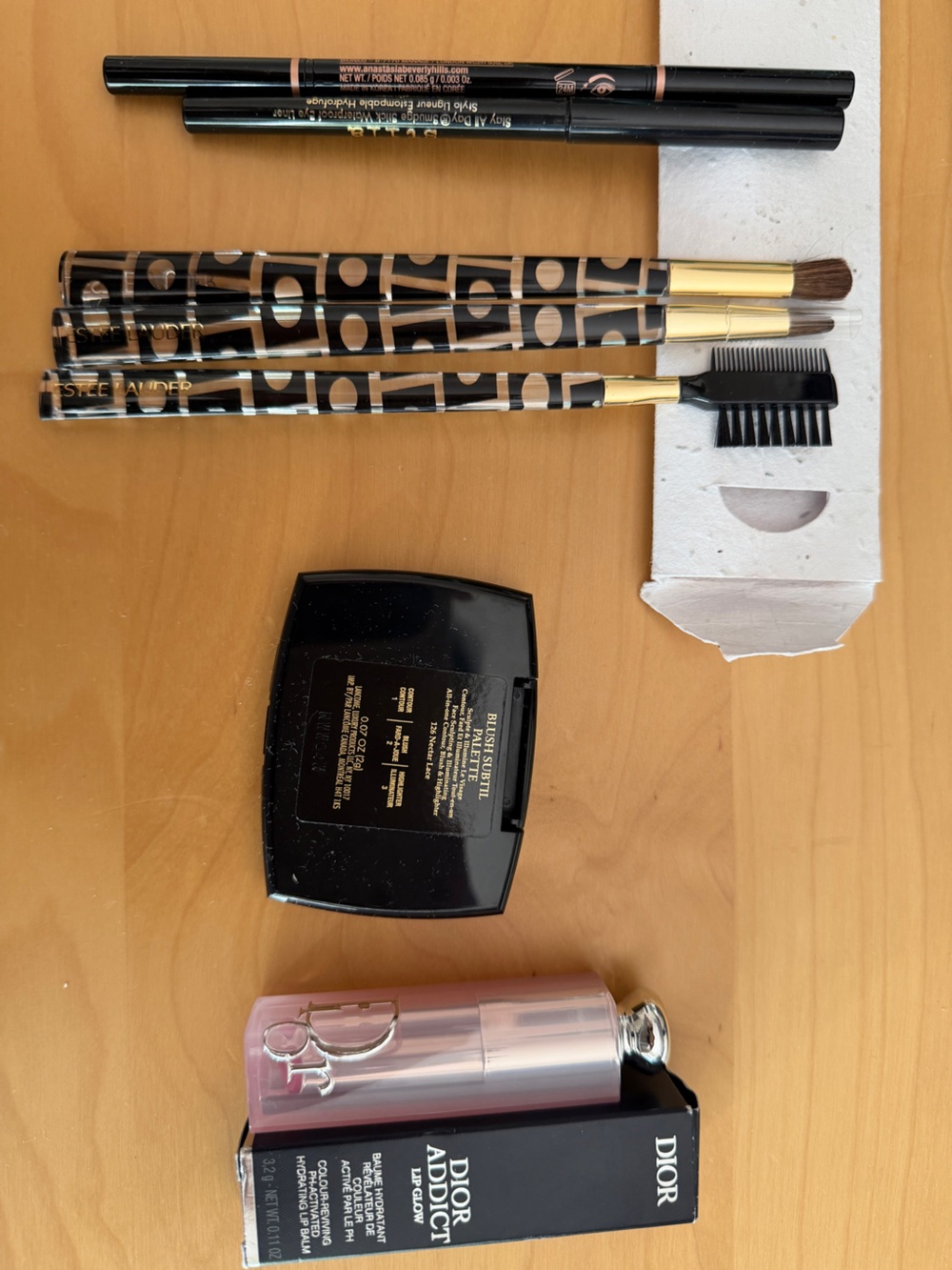 Dior Lip Glow, Lancome Contour Blush Highlighter and Estee Lauder Brush set